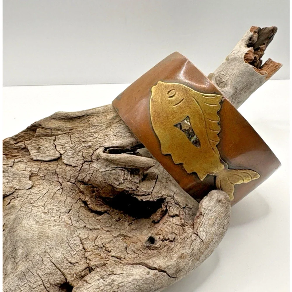 Vintage Handcrafted Arts & Crafts Copper Cuff Bracelet Fish Brass Abalone Accent